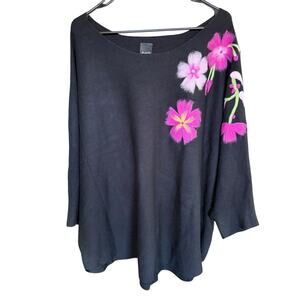 Aaeda Black Pink Floral Dolman Sleeve Super Soft Sweater Plus 3XL XXXL Relaxed